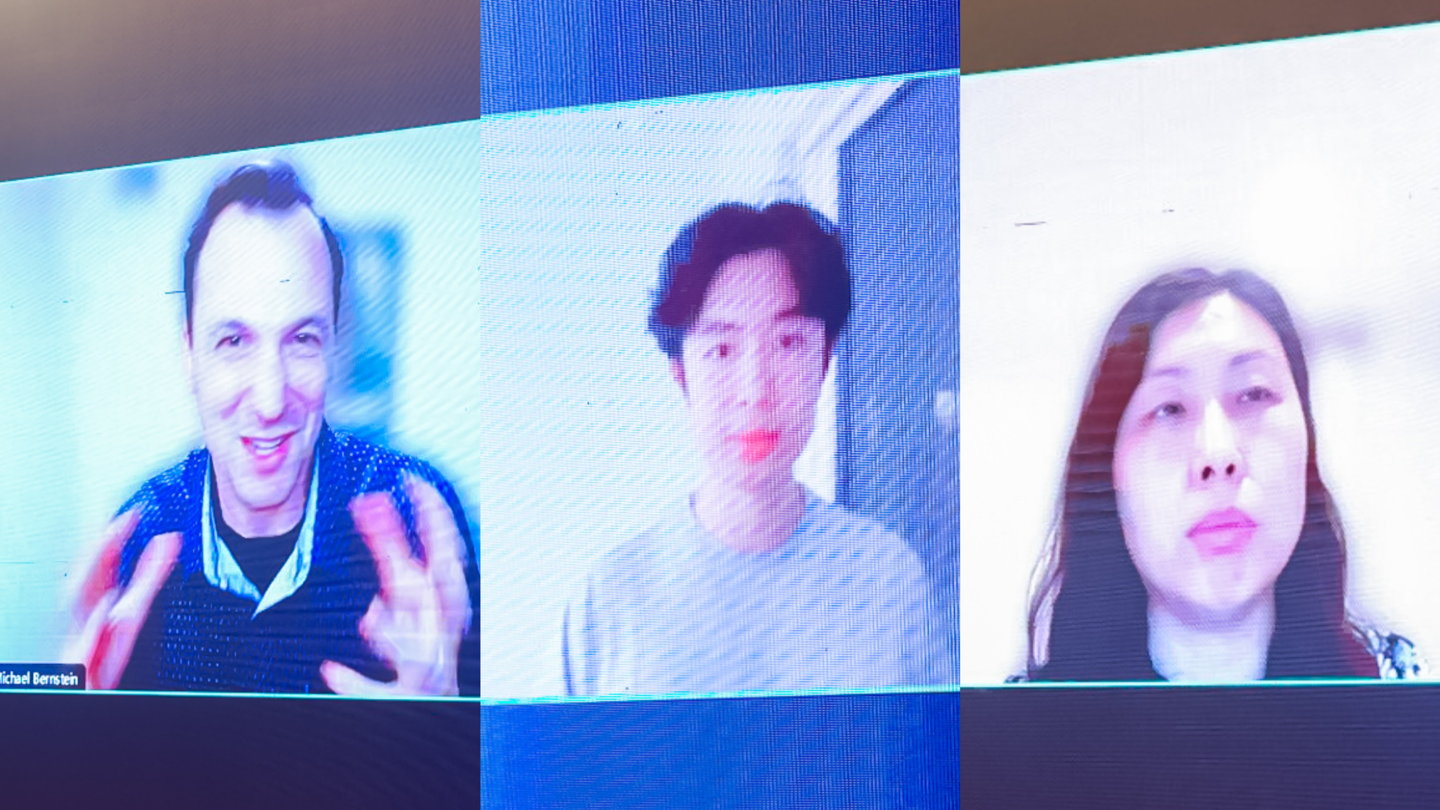 20230910-完美在线登录官网计算机系与人工智能研究院基础模型研究中心联合举办首届基础大模型研讨会-嘉艺-Michael Bernstein(左)、Jason Wei(中)、Yan Liu(右)在线上作报告.jpg